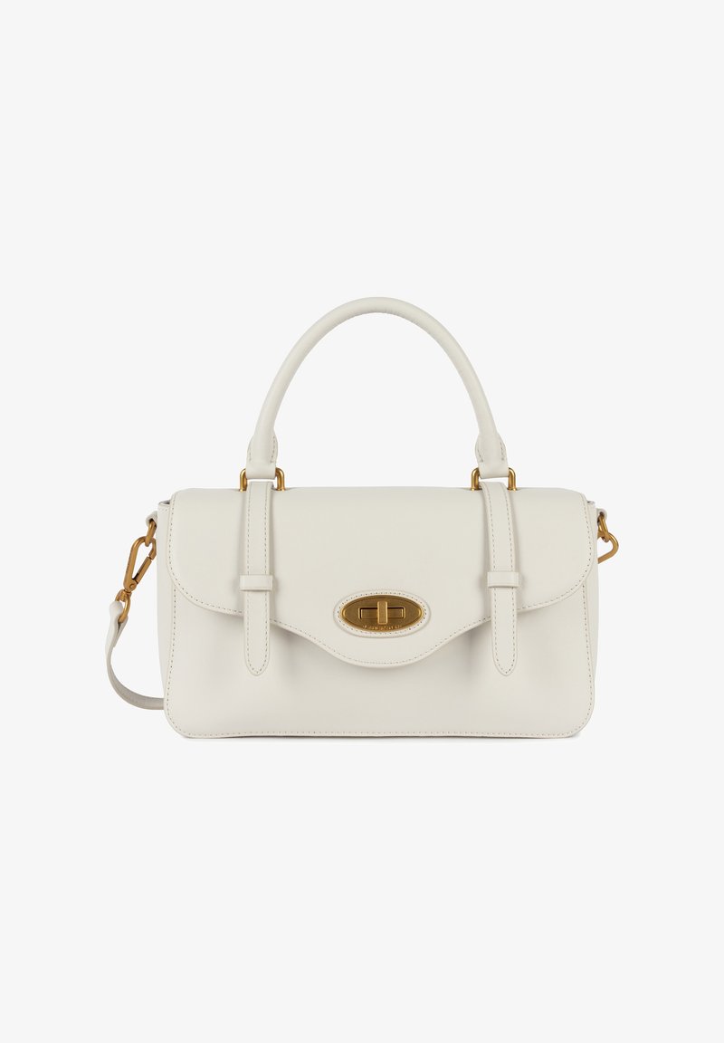 Borsa in pelle bianca con una forma strutturata, hardware dorato e una tracolla rimovibile. Presenta una chiusura a pattina con un fermaglio ovale metallizzato.