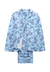 Světlomodrá sada pyžama zahrnující košili a kalhoty; zdobeno tmavě modrým vzorem listů a leopardím potiskem; hladká textura, košile na knoflíky.