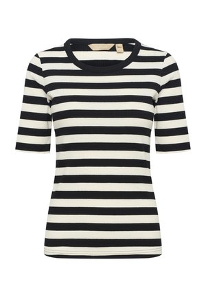 Schwarz-weißer, gestreifter Kurzarm-Top mit Rundhalsausschnitt, aus geripptem Stoff, mit gleichmäßigen horizontalen Streifen und figurschmeichelnder Passform.