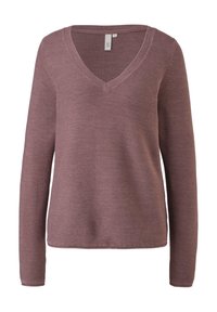 Pull à col en V à manches longues de couleur mauve avec un motif en maille texturée et un ourlet droit. Manches légèrement ajustées et coupe décontractée.