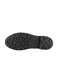 Suola di scarpa in gomma nera con un motivo testurizzato caratterizzato da diverse forme e depressioni circolari, contrassegnata con "GEOX" e taglia "37".