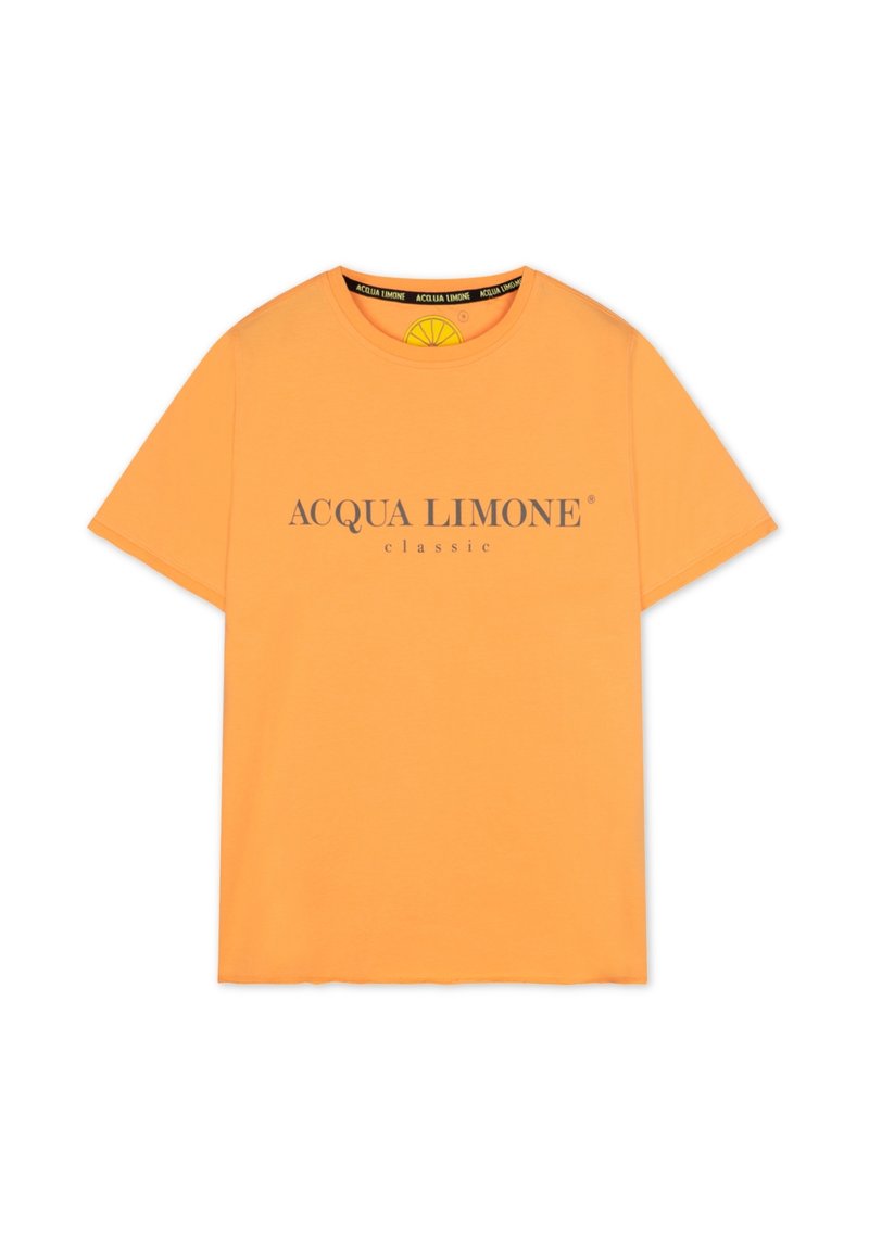 Orange bomull T-shirt med rund halsringning och korta ärmar. "ACQUA LIMONE classic" tryckt i grått på bröstet.