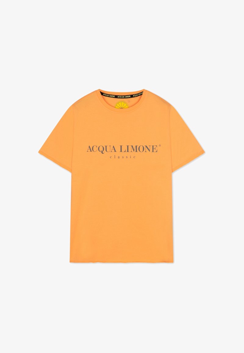 Orange bomull T-shirt med rund halsringning och korta ärmar. "ACQUA LIMONE classic" tryckt i grått på bröstet.