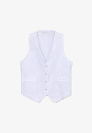 Weißes ärmelloses Top mit Lochmuster, V-Ausschnitt, fünf Knöpfen und zwei vorderen Taschen. Glatte Textur, lässiger Stil.