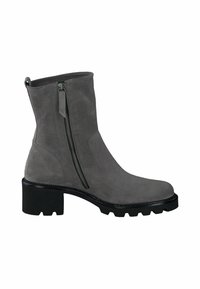 Bottine en daim gris avec fermeture éclair latérale, semelle noire épaisse et petit talon carré, conçue pour un usage décontracté.