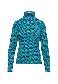 Długi rękaw turtleneck w kolorze niebieskim i zielonym z geometrycznym wzorem splątanych kształtów. Miękka elastyczna tkanina o dopasowanym kroju.