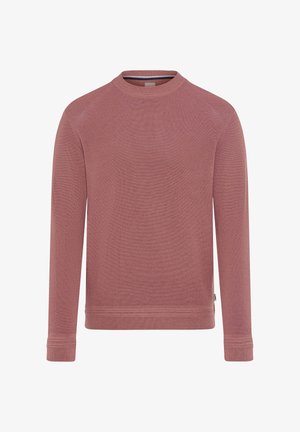 Langärmliger, gestrickter Rundhals-Pullover in staubigem Rosa mit gerippten Bündchen und Saum, auf einem einfarbigen Hintergrund von der Vorderseite gezeigt.