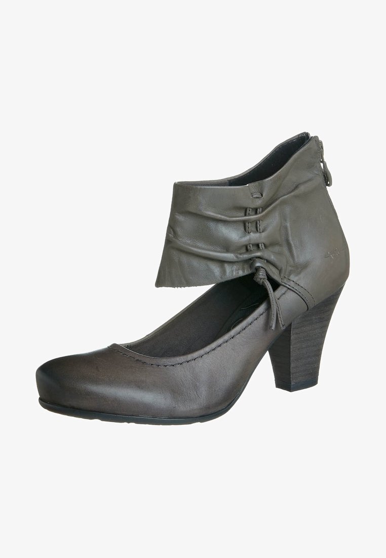 Bottine femme en cuir gris foncé avec talon bloc de hauteur moyenne, détail revers plié et fermeture éclair à l'arrière.