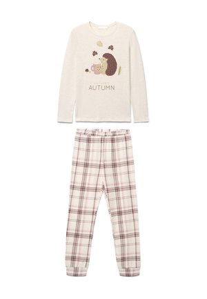 Top crema a maniche lunghe con grafica di riccio e foglie autunnali abbinato a pantaloni del pigiama a vita elasticizzata a quadri crema e marrone.