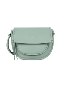 Borsa a tracolla in pelle verde menta con chiusura a pattina, accessori in metallo argentato e tracolla removibile. Presenta dettagli in frange sulla parte anteriore.