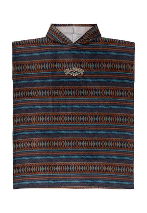 Poncho à capuche avec motif géométrique en rayures bleu, brun et noir et logo Billabong centré sous le col.