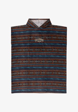 Hetteponcho med geometrisk mønster i blå, brune og svarte striper og Billabong-logo plassert midt under kragen.