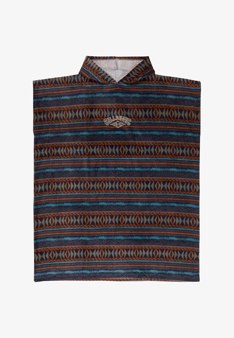 Πόντσο με κουκούλα και γεωμετρικό σχέδιο σε μπλε, καφέ και μαύρες ρίγες και το λογότυπο Billabong στο κέντρο κάτω από το γιακά.