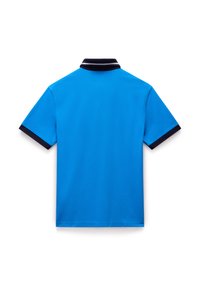 Kortärmad polo i klarblått med krage och ärmcuffar i mörk marinblått, tillverkad av ett mjukt och lätt material.