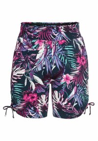 Blomstrede shorts med en livlig blanding af pink, lilla og grønne tropiske mønstre; elastisk talje, justerbare bånd ved kanten.
