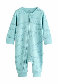 Un body bleu clair à manches longues avec une fermeture éclair à l'avant, orné de motifs de dinosaures en bleu plus foncé, fabriqué en coton doux.