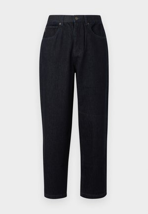 Dark blue denim trousers with a relaxed fit, featuring a button and zipper closure, two front pockets, and stitching accents.