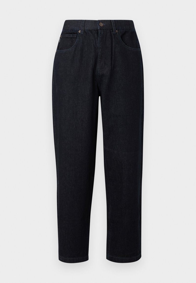 Pantaloni in denim blu scuro con vestibilità morbida, dotati di chiusura a bottoni e cerniera, due tasche frontali e accenti di cucitura.