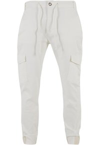 Pantalones cargo blancos con cintura ajustable mediante cordón, dos bolsillos laterales y dobladillos ajustados; hechos de algodón suave con textura lisa.