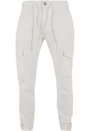 Pantalones cargo blancos con cintura ajustable mediante cordón, dos bolsillos laterales y dobladillos ajustados; hechos de algodón suave con textura lisa.