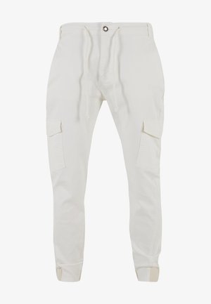 Weiße Cargo-Hosen mit Kordelzugbund, zwei Seitentaschen und umgeschlagenen Säumen; aus weichem Baumwollstoff mit glatter Textur.