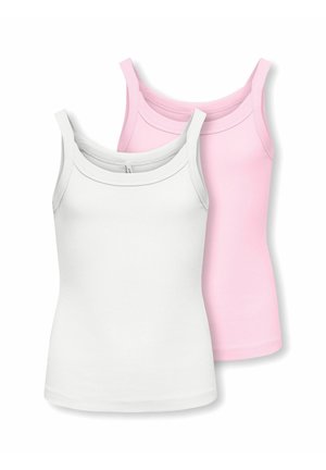 Twee geribbelde katoenen tanktops met dunne bandjes, één wit aan de voorkant en één roze aan de achterkant, weergegeven op een witte achtergrond.