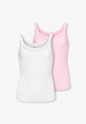 Dwa prążkowane bawełniane topy na cienkich ramiączkach, jeden biały z przodu i różowy z tyłu, prezentowane na białym tle.