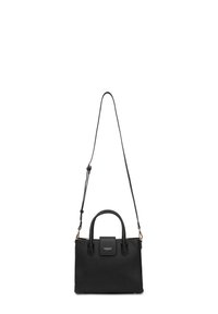 Borsa a mano in pelle nera con un design strutturato, dotata di manico superiore e tracolla rimovibile. Dettagli in hardware color oro.