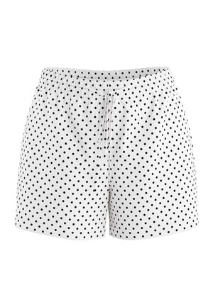 Hvide shorts med sorte prikker, elastik i taljen og bindebånd foran.