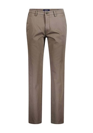 Pantaloni beige da uomo a gamba dritta con passanti per cintura, chiusura con bottone e tasche frontali, mostrati frontalmente su sfondo bianco.