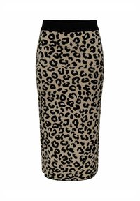 Jupe crayon en tricot à motif léopard avec une taille élastique noire et un fond beige. Présente des taches de léopard noires sur toute la surface.