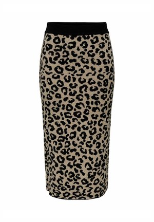 Jupe crayon en tricot à motif léopard avec une taille élastique noire et un fond beige. Présente des taches de léopard noires sur toute la surface.