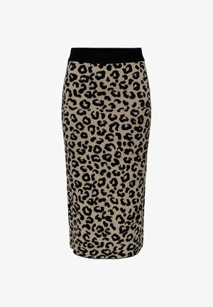 Strikket leopardmønstret blyantskirt med en sort elastisk talje og beige baggrund. Har sorte leopardpletter overalt.