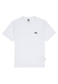 White cotton t-shirt with short sleeves, featuring a small black logo on the chest and a tag on the bottom left corner.