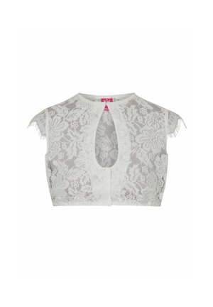 White lace cropped top with short sleeves, a keyhole front, and button closure. Features floral patterns and fringed sleeve edges.