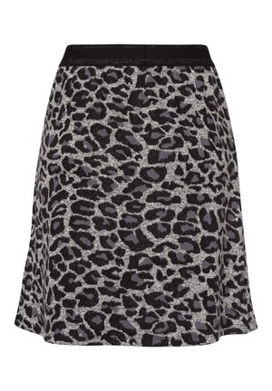 Black and gray leopard-print skirt with a soft, textured fabric, and a black elastic waistband, featuring a slightly flared shape.