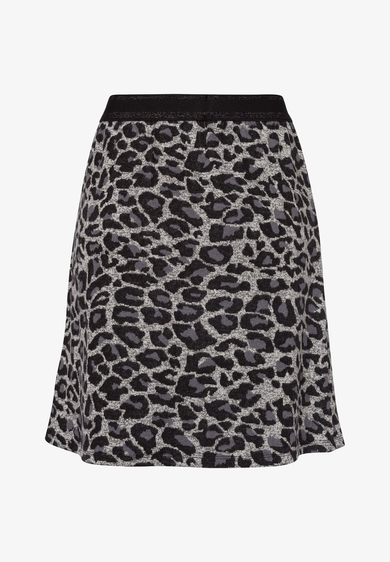Jupe à imprimé léopard noir et gris avec un tissu doux et texturé, et une taille élastique noire, présentant une forme légèrement évasée.