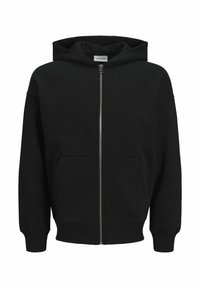 Crna zip-up dukserica izrađena od mekog materijala, s kengur džepom, širokim manžetama i kapuljačom savezivanjem. Jednostavan i klasičan dizajn.