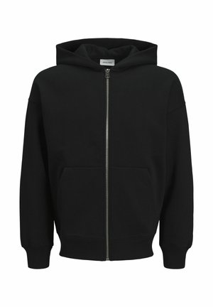 Czarna bluza z zamkiem, wykonana z miękkiego materiału, z kieszenią kangurką, szerokimi mankietami i kapturem ze sznurkiem. Prosty i klasyczny design.