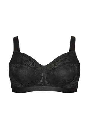 Černá krajková podprsenka s plnými kosticemi, nastavitelnými ramínky a podpůrným spodním pruhem, navržená pro pohodlí a styl.