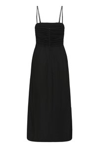Μαύρο αμάνικο μάξι φόρεμα με ριχτό μπούστο, λεπτές τιράντες και φερμουάρ μπροστά.