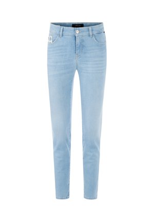 Hellblaue Skinny-Jeans mit vorderer Knopfleiste und Reißverschluss, fünf Taschen, einschließlich eines kleinen abgenutzten Flecks an der rechten Vorderseite.