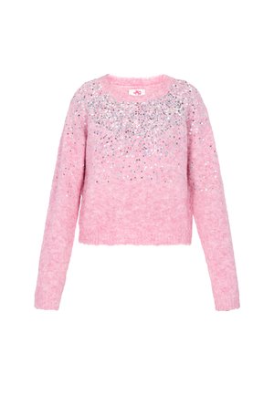 Suéter corto rosa hecho de material esponjoso, con un escote redondo y adornado con lentejuelas plateadas en la parte superior del frente.