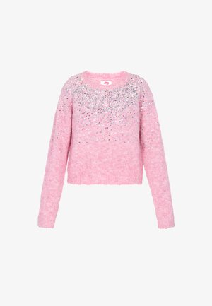 Roze cropped trui gemaakt van pluizig materiaal, met een ronde halslijn en versierd met zilveren sequins over de bovenkant van de voorkant.