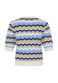 Strikket genser med sikksakkmønster i blått, beige og marineblått. Korte ermer og rund hals med ribbekanter. Teksturert stoff.