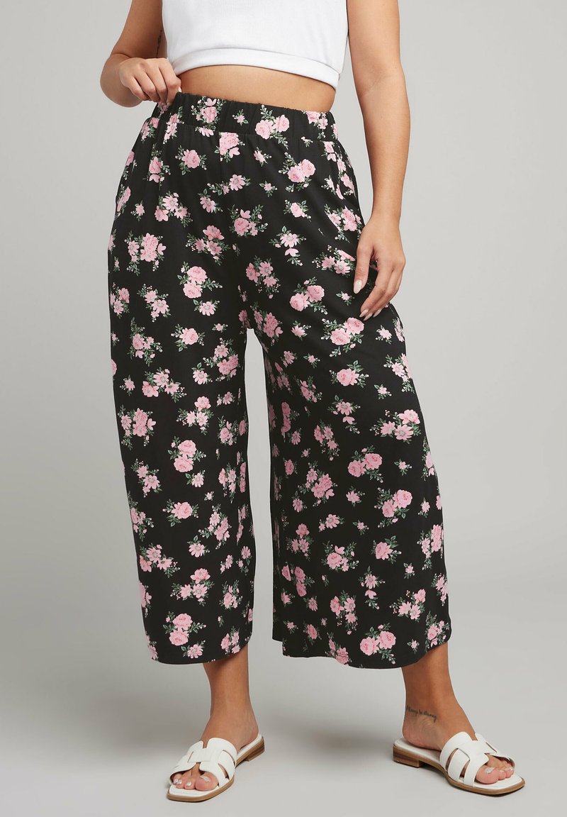 Pantaloni a gamba larga neri con un motivo floreale in tonalità di rosa e verde, dotati di una vita elasticizzata per il massimo comfort.