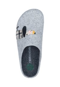 Gray felt slipper with open back, featuring an embroidered dog design. Interior display shows brand name in green. Soft texture.