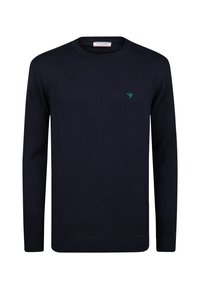 Granatowy sweter z dzianiny wykonany z miękkiego materiału, z okrągłym dekoltem, długimi rękawami oraz subtelnym zielonym logo ptaka na klatce piersiowej.