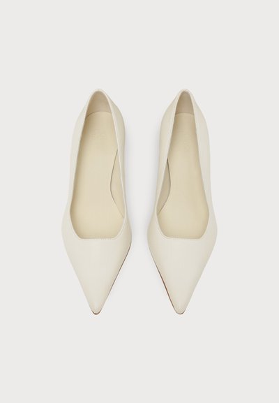 Paire de chaussures plates blanches à bout pointu avec finition lisse, vues de dessus sur un fond clair.