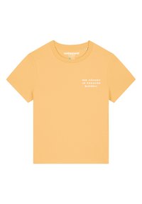 Geel T-shirt met korte mouwen van katoen, met witte tekst in een casual lettertype: "WIR KÖNNEN JA FREUNDE BLEIBEN." Rond de hals.